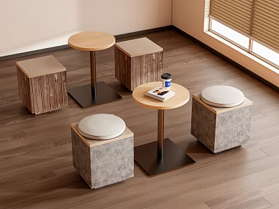 Round Tables With Metal Bases And Cube Stools In Wooden Concrete Materials With White Cushions 3d model