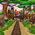 Cartoon Forest Scene With Lush Green Trees Palm Trees Stone Gates Treasure Chests And Pandas
