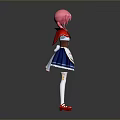 Anime Character With Pink Hair Red Cape Blue White Dress And Red Shoes