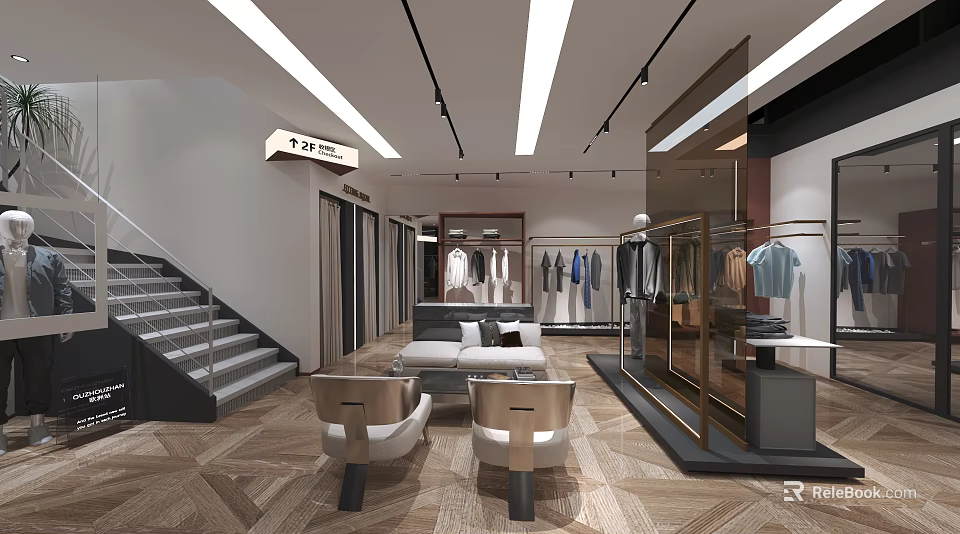 Modern Clothing Store Interior Design With Staircase Display Racks Seating And Hanging Garments 3d model 