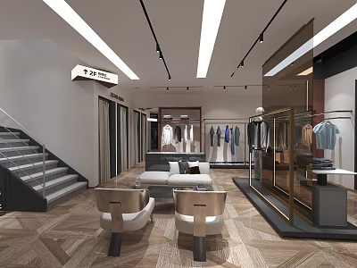 Modern Clothing Store Interior Design With Staircase Display Racks Seating And Hanging Garments 3d model