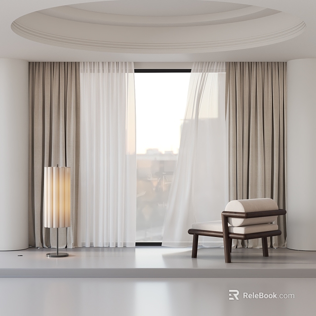Elegant Light Colored Curtains With Sheer Panels In Modern Room Featuring Window And Armchair 3d model 