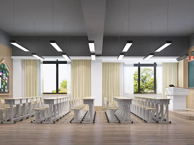 Modern School Classroom With Spacious Bright Interior Neatly Arranged Desks Large Windows And Wooden Floor 3d model