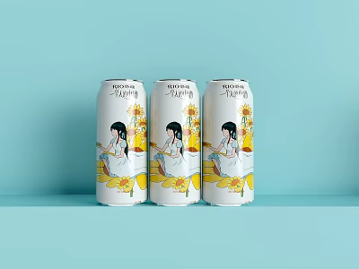 Three Cans of Beverage with Female Illustration and Yellow Flowers on Light Blue Background 3d model