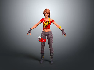 3D Female Character Model With Red Crop Top Yellow Graphic Black Pants And Wrist Guards 3d model
