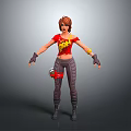 3D Female Character Model With Red Crop Top Yellow Graphic Black Pants And Wrist Guards
