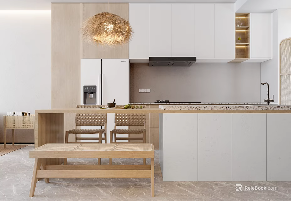 Modern Dining Table Set With Kitchen Island Wooden Stools Rattan Pendant Light And White Cabinets 3d model 