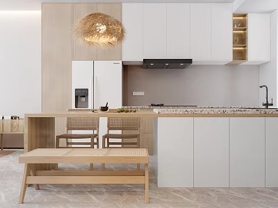 Modern Dining Table Set With Kitchen Island Wooden Stools Rattan Pendant Light And White Cabinets 3d model