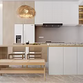 Modern Dining Table Set With Kitchen Island Wooden Stools Rattan Pendant Light And White Cabinets