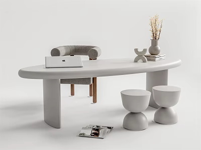 Modern White Oval Desk Featuring Laptop Vase Dried Flowers Gray Chair and Round Stools 3d model