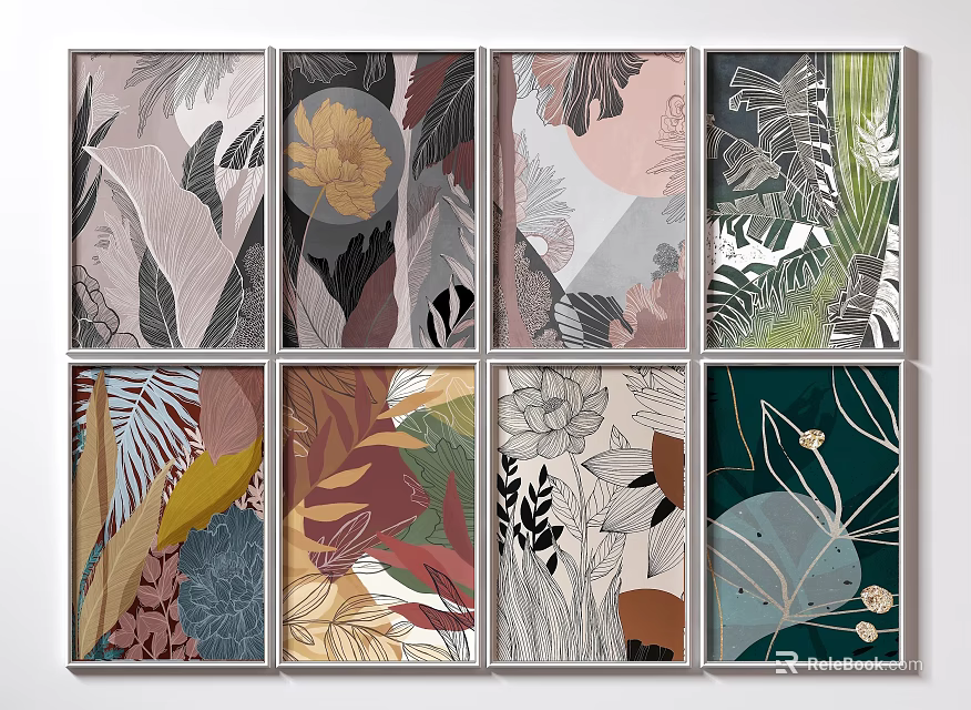 Colorful Modern Botanical Wall Art With Leaf Patterns And Geometric Designs 3d model 