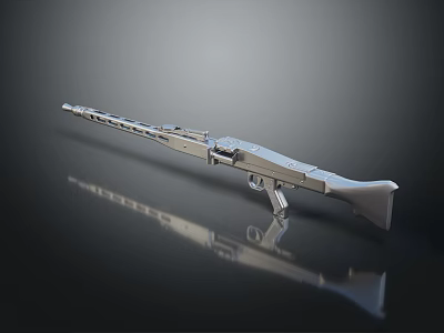 Silver Metallic Rifle With Long Barrel On Shiny Reflective Dark Background 3d model