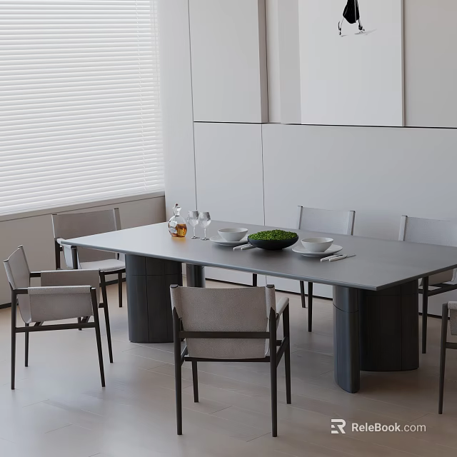 Modern Dining Table Set With Chairs Green Bowl Wine Glasses Oil Bottle White Walls Blinds 3d model 