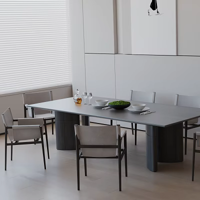 Modern Dining Table Set With Chairs Green Bowl Wine Glasses Oil Bottle White Walls Blinds 3d model