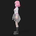 Anime woman with pink hair purple eyes white shirt red bow gray skirt black background