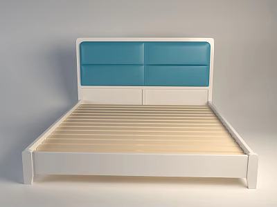 Double Bed with Blue Upholstered Headboard White Frame and Wooden Slats in Modern Minimalist Style 3d model