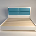 Double Bed with Blue Upholstered Headboard White Frame and Wooden Slats in Modern Minimalist Style