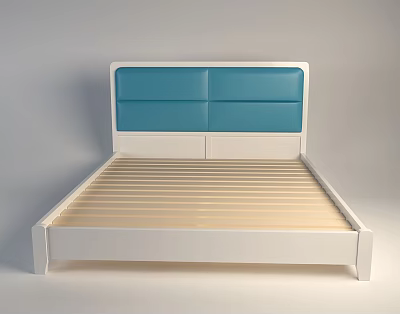 Double Bed with Blue Upholstered Headboard White Frame and Wooden Slats in Modern Minimalist Style 3d model