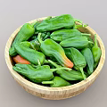 Fresh Green Peppers In Wooden Bowl With Ripe Orange Tipped Varieties