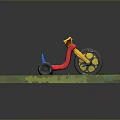 Kids Tricycle with Yellow Handlebars Red Body Blue Seat Black Wheels on Green Grass