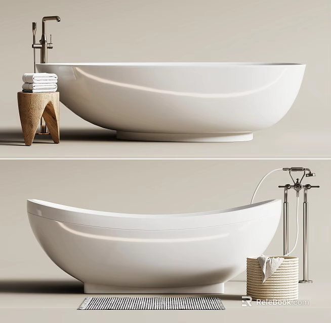 Elegant White Freestanding Bathtub With Stacked Towels Wooden Stool And Modern Faucet 3d model 