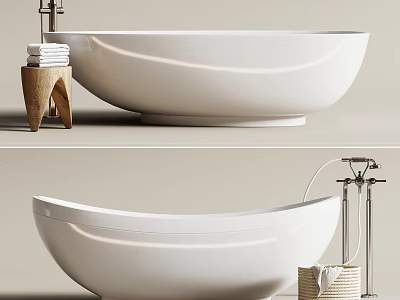 Elegant White Freestanding Bathtub With Stacked Towels Wooden Stool And Modern Faucet 3d model