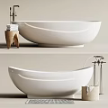 Elegant White Freestanding Bathtub With Stacked Towels Wooden Stool And Modern Faucet