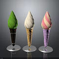 Three Colored Ice Cream Cones Green Beige Pink White Swirl On White Bases Dark Background