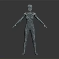Futuristic Metallic Humanoid Character Standing With Open Arms On Dark Surface