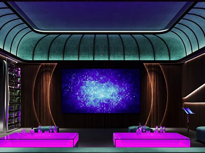 Modern KTV Lounge Interior With Purple Lighting Curved Ceiling And Large LED Screen 3d model