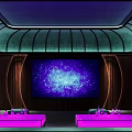 Modern KTV Lounge Interior With Purple Lighting Curved Ceiling And Large LED Screen