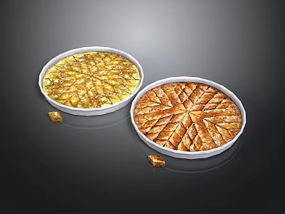 Traditional Baklava Pastry On Round White Plates With Golden And Diamond Patterns Small Pieces 3d model