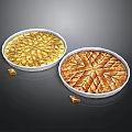 Traditional Baklava Pastry On Round White Plates With Golden And Diamond Patterns Small Pieces