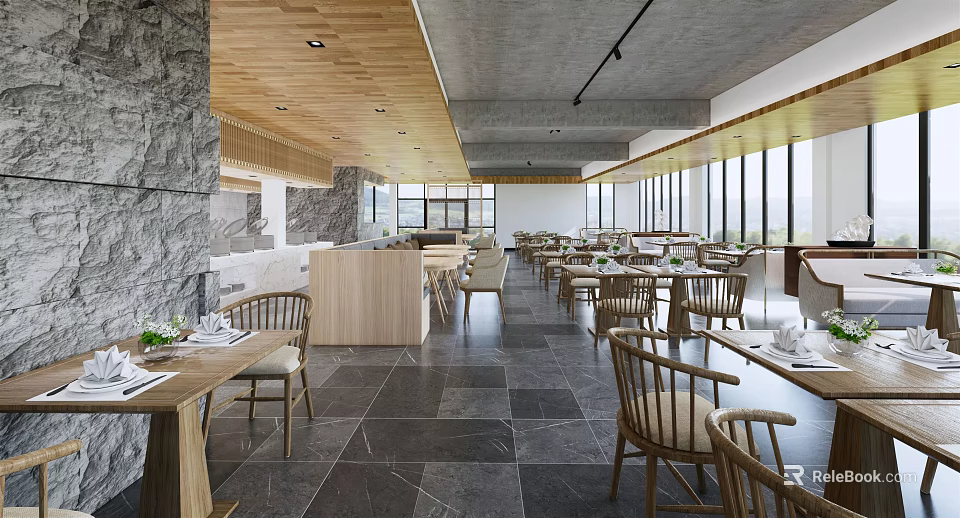 Modern Restaurant Interior Design With Wooden Ceiling And Marble Dining Tables 3d model 