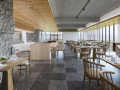 Modern Restaurant Interior Design With Wooden Ceiling And Marble Dining Tables 3d model