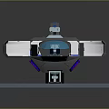 Futuristic Gray Vehicle Model With Blue Cockpit On Blue Platform With Yellow Black Stripes