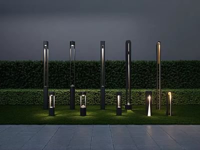 Tall Pole Outdoor Lights with Green Hedge Background and Grass Lawn Stone Path 3d model