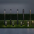 Tall Pole Outdoor Lights with Green Hedge Background and Grass Lawn Stone Path