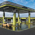 Modern Gas Station Exterior With Yellow Canopy Fuel Pumps And Cars