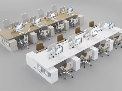 Modern Multiple Office Desks Setup With Computers And Chairs In Workspace 3d model