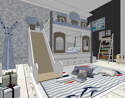 Kids Room Bunk Bed With Slide And Storage Drawers Modern Design 3d model
