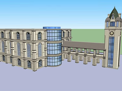 European Architecture Design With Arched Windows Clock Tower And Modern Glass Curtain Wall 3d model
