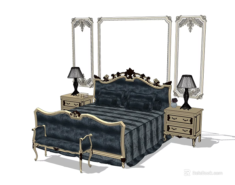 Classic European Double Bed With Carved Headboard Nightstands Table Lamps Bed Bench And Decorative Panels 3d model 