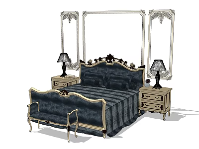 Classic European Double Bed With Carved Headboard Nightstands Table Lamps Bed Bench And Decorative Panels 3d model