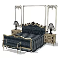 Classic European Double Bed With Carved Headboard Nightstands Table Lamps Bed Bench And Decorative Panels