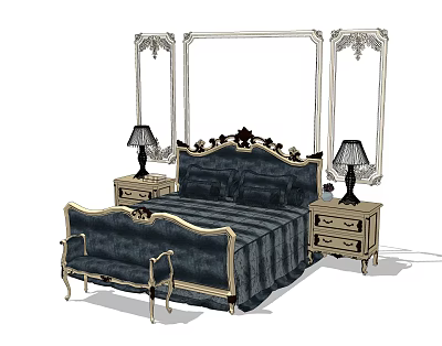Classic European Double Bed With Carved Headboard Nightstands Table Lamps Bed Bench And Decorative Panels 3d model