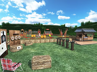 Outdoor Children's Playground Space With Green Hills Wooden Cabin And Straw Bales 3d model