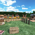 Outdoor Children's Playground Space With Green Hills Wooden Cabin And Straw Bales