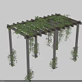 Pergola Wooden Structure Covered With Climbing Vines And Green Leaves On Supporting Pillars