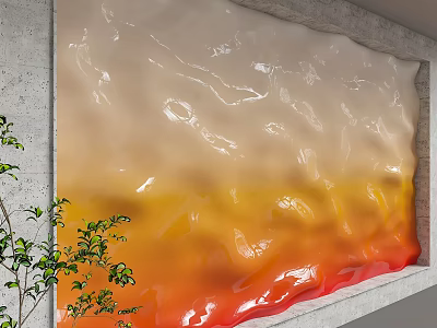 Background Wall With Gradient Beige Orange Red Wavy Texture And Green Plants In Gray Frame 3d model